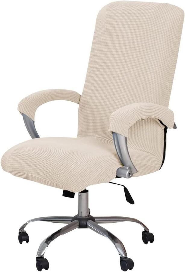 Stoelhoezen voor computerbureaustoel Grote wasbare XL-stoelhoes met elastische wikkel Beige Stoelbeschermer met polar fleece stretch Afneembaar Armleuningen Allecto Plus