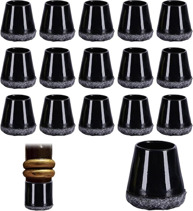 Allecto Plus Stoelpootdoppen met vilt siliconen zwart 16 stuks rond 15 mm-18 mm meubelbescherming stoelpoten