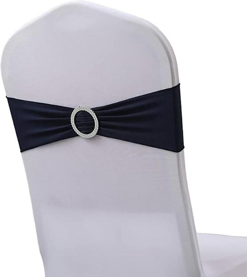 Allecto Plus Stoelsjerpen voor bruiloft en jubileumfeest Set van 20 Marineblauw Stretch-elastisch met gesp en strik Spandex Woondecoratie