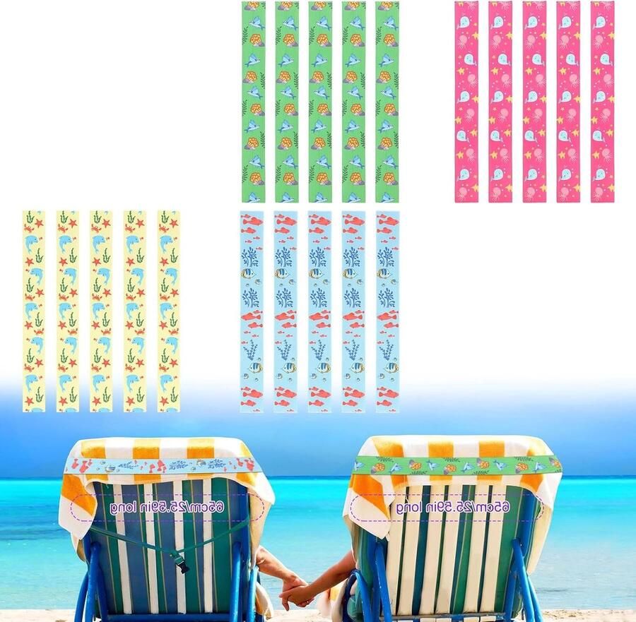 Allecto Plus Strandhanddoekbanden Set van 20 Rubber Clips voor Strandstoel Elastische Handdoekriemhouder Winddicht Zomer Strand Zwembad Cruise Zeedieren Thema 4 Stijlen