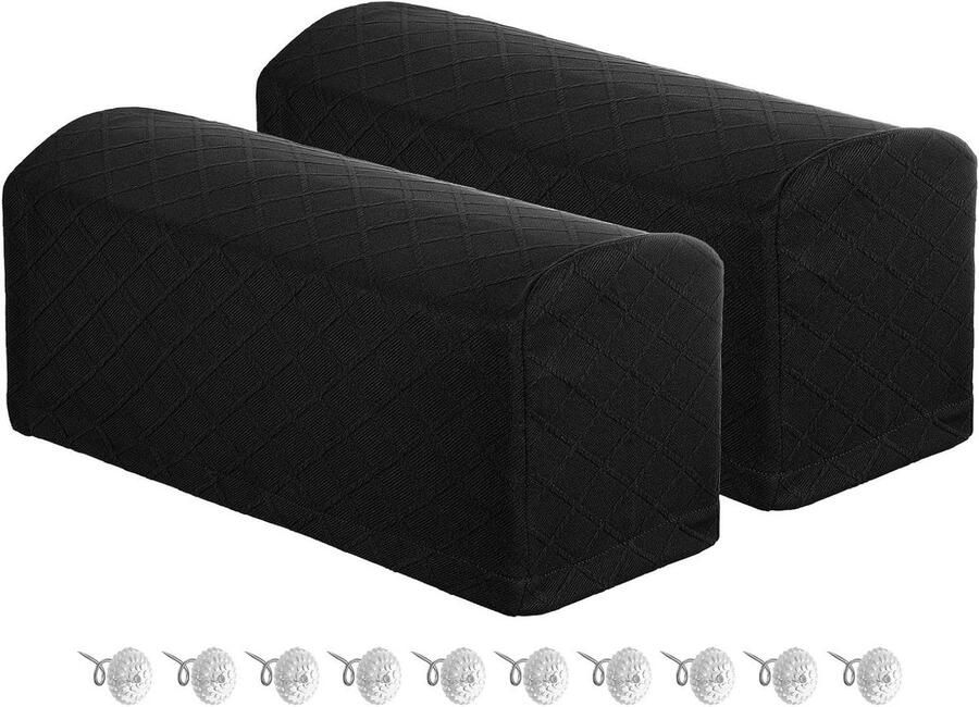 Allecto plus Stretch armleuninghoezen 2 stuks Zwart polyester diamantpatroon Zachte stoelovertrek voor bank ligstoel Armafdekking met draaipennen Stoelbankbescherming