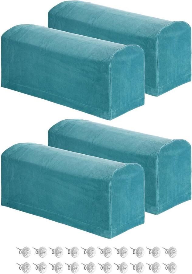 Allecto plus Stretch armleuninghoezen in set van 4 polyester blauw stoelhoes bank ligstoel armleuninghoes met draaipennen stoelbankbescherming