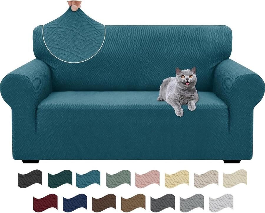 Allecto plus Stretch Bankhoes 2 Zits Elastische Bankhoezen voor Woonkamer Turquoise Krasbestendige Meubelhoes met Anti-slip Universele Rekbare Armsteun Sofahoes