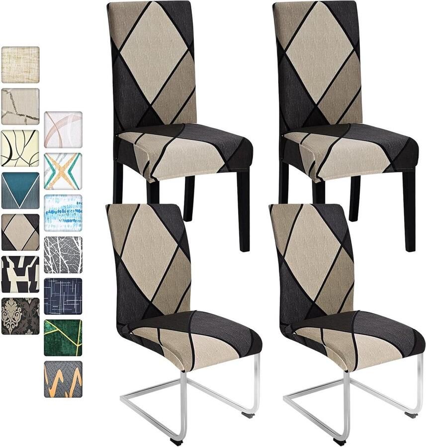 Allecto Plus Stretch stoelhoezen set voor eetkamerstoelen wasbaar en elastisch bruine geometrie 4 stuks