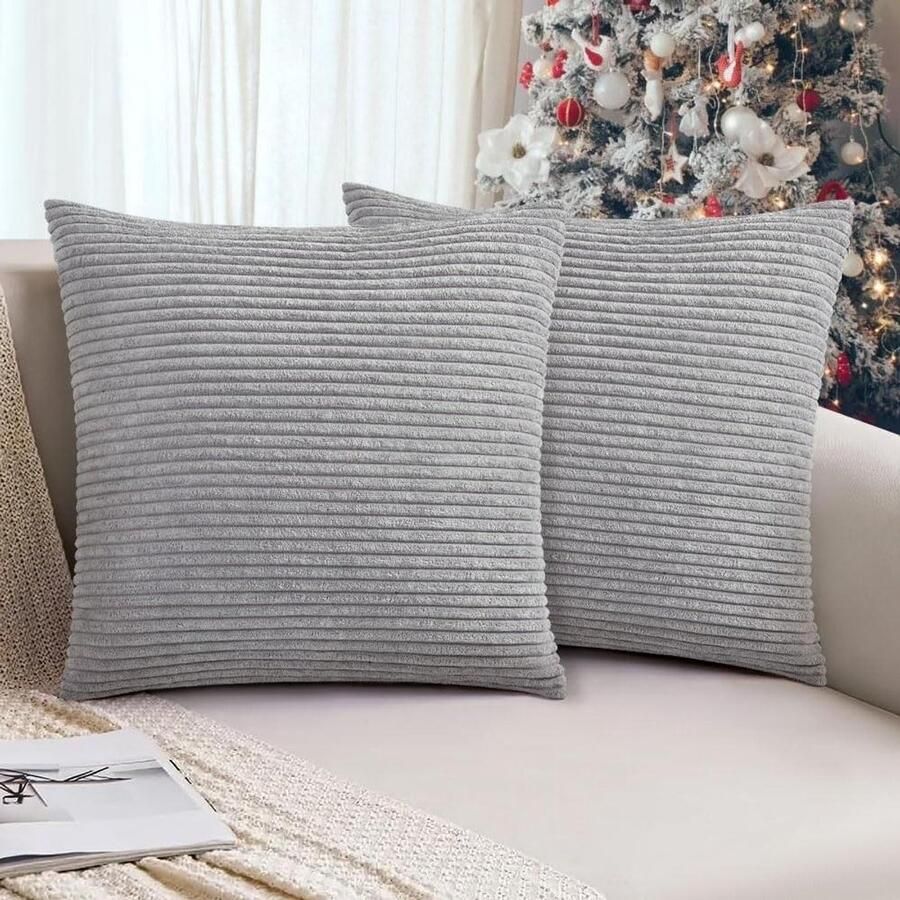 Allecto Plus Super zachte corduroy kussenslopen 45 x 45 cm set van 2 Grijs Moderne decoratieve kussenhoezen voor thuis Lente decoratie Bank Gestreept