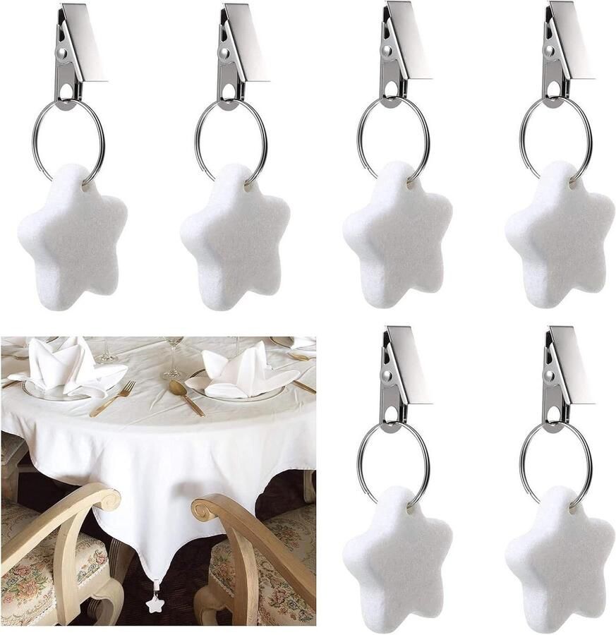 Allecto Plus Tafelkleed Gewichten Clips 6 stuks Stervormige Tafelkleed Gewichten Tafeldoek Clips voor Picknick Familie Diner Tafeldecoratie Wit