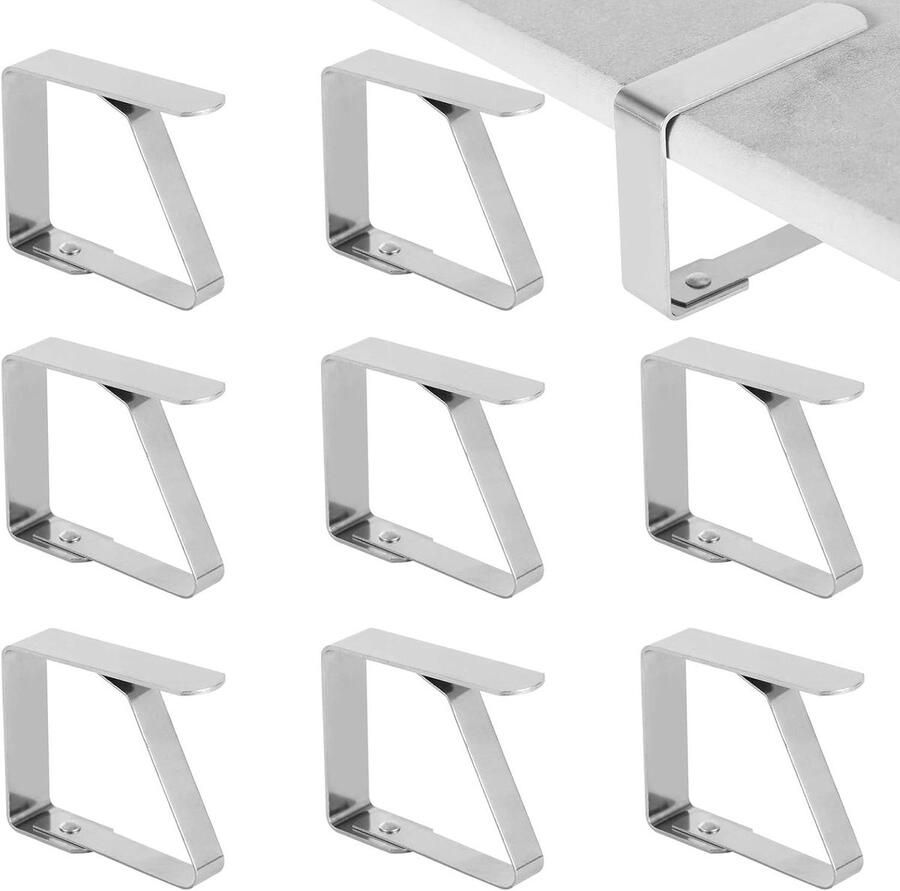 Allecto Plus Tafelkleedklemmen set van 8 roestvrij staal Tafelkleed clips Anti-klemmen Verstelbare clips Tuin en keuken accessoires 5 x 4 cm Voor thuis en feestjes Zilverkleurig