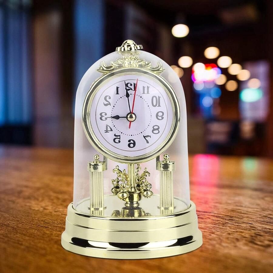 Allecto plus Tafelklok in Europese Retro Stijl voor Woonkamer Antieke Stille Klok Messing Tafel Decoratie voor Slaapkamer en Thuisdecoratie (Gouden)