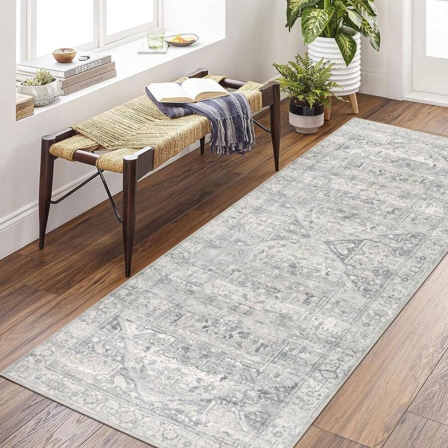 Allecto Plus Tapijt 80x200cm Grijs Beige Wasbaar en Antislip Voor Hal Entree Slaapkamer Keuken Kortpolig Heidi