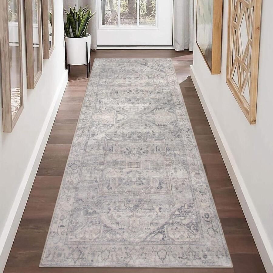Allecto plus Tapijtloper 65x180cm Grijs Beige Kortpolig Antislip Vloerkleed voor Hal Entree Slaapkamer Keuken Wasbaar