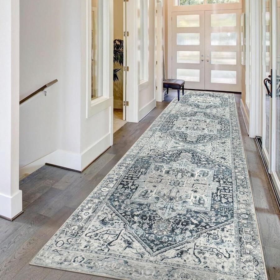 Allecto plus Tapijtloper voor Gang 80x300cm Blauw Grijs Kortpolig Antislip Vloerkleed Hal Entree Wasserij Keuken Hoogwaardige Kwaliteit