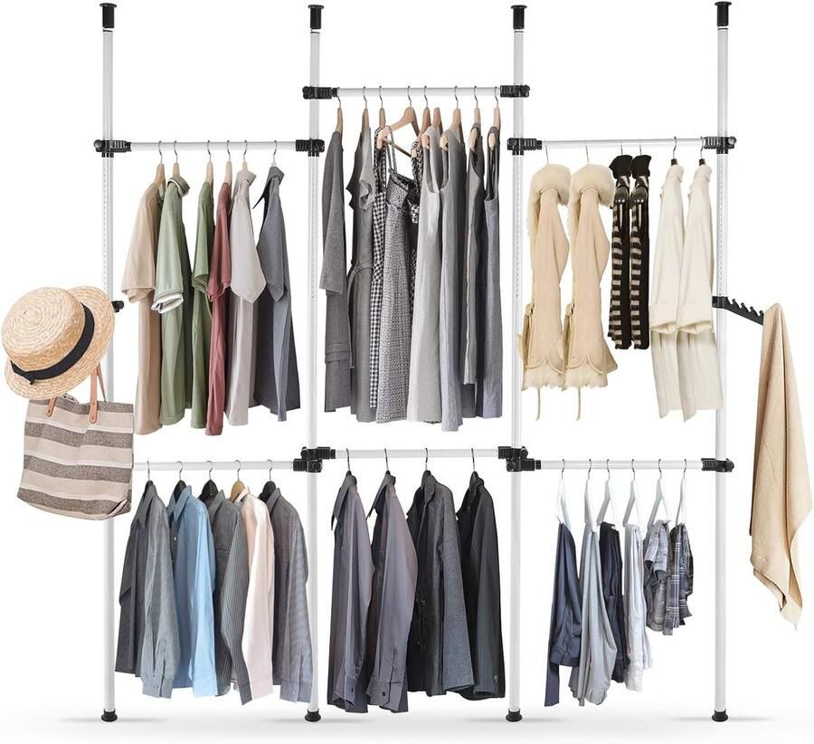 Allecto plus Telescopisch kledingrek van staal uittrekbaar met haken in hoogte verstelbaar 246-300 cm voor slaapkamer en kledingopslag