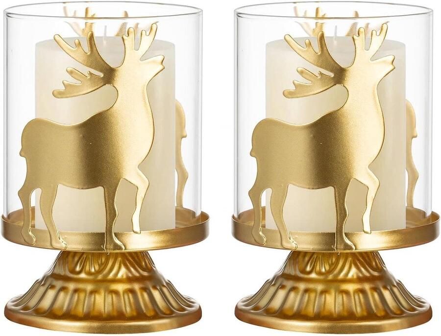 Allecto Plus Theelicht Kaarsenhouders Kerst Modern Decor Gouden Orkaan Pillar Kaarsenhouder Set van 2 Decoratieve Stag Kaars Stands Kerst Tafel en Open Haard Decoratie