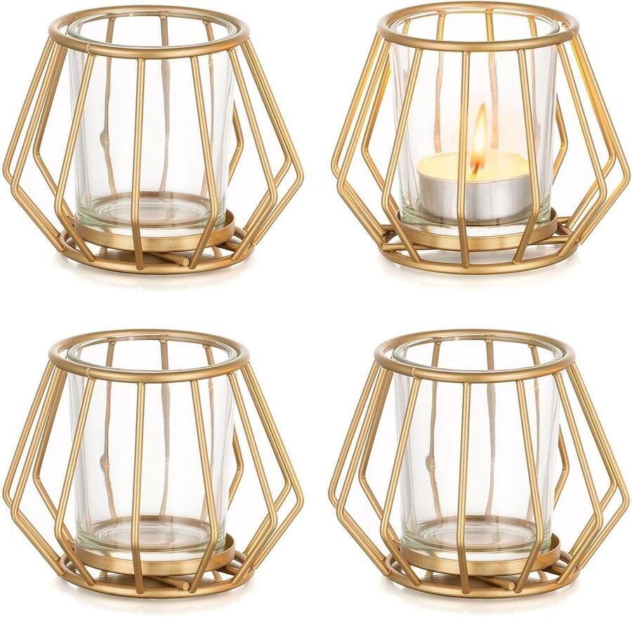 Allecto Plus Theelichthouder van goudkleurig metaal: set van 4 kaarsenhouders voor theelichtjes decoratie voor woonkamer slaapkamer eettafel glazen theelichthouders voor home decoratie