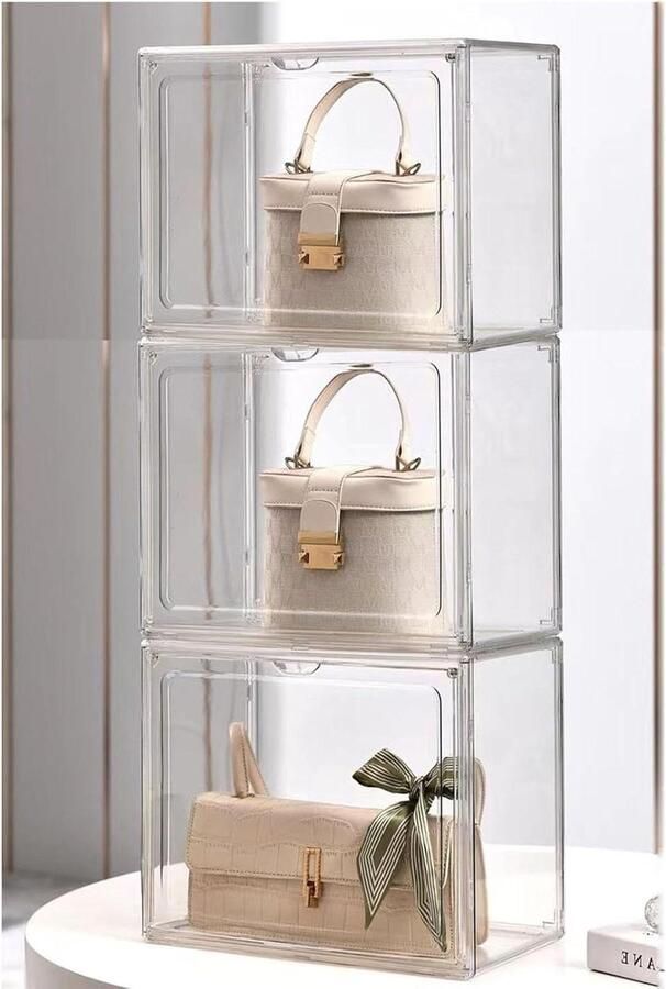 Allecto Plus Transparante Acryl Vitrine met Magnetische Deur Stapelbare Opslag Organizer voor Portemonnee Cosmetica Speelgoed en Verzamelfiguren Set van 3 (365 x 20 x 27 cm)