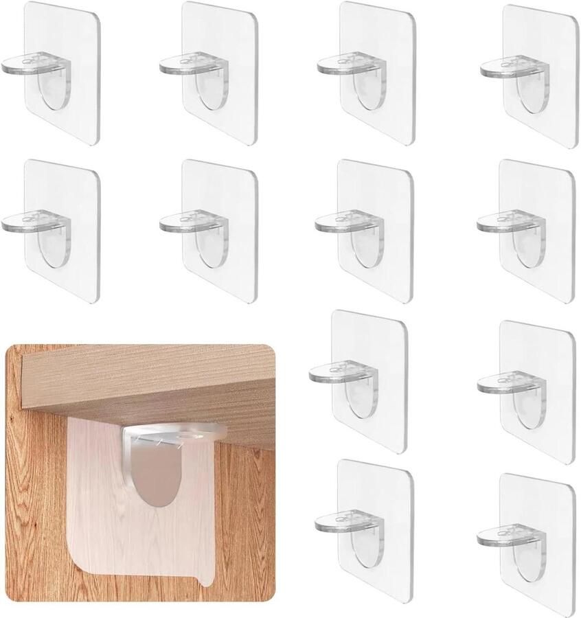 Allecto plus Transparante L-vormige planksteunbeugels 12 stuks inclusief zelfklevende plankbeugels voor meubelkasten boekenkasten en kastplanken (6 x 6cm) met gat
