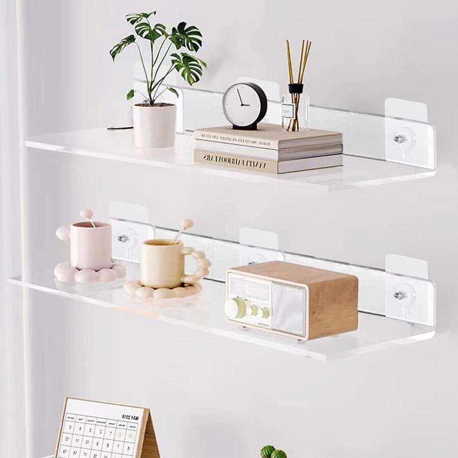 2 Transparante Wandplanken Voor Niet-boren met Schroeven 30 cm Kleine Wandrek Voor Badkamer Zwevende Plank Voor Slaapkamer Keuken Woonkamer