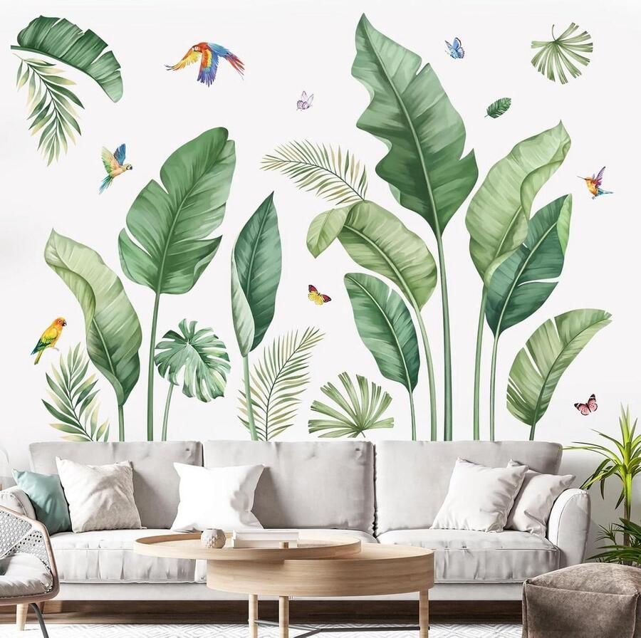 Allecto Plus Tropische palmbladeren muurstickers natuur bananenblad groene planten vogels wandkunst woonkamer bank tv-achtergrond wanddecoratie