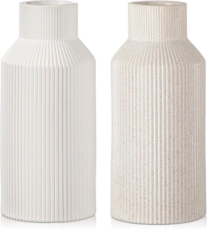 Allecto Plus Twee witte keramische vazen voor moderne interieur styling met bloemen en planten Woondecoratie voor op de plank of tafel