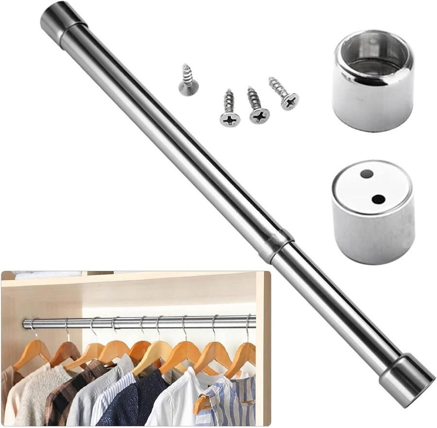 Allecto Plus Uitschuifbare roestvrijstalen kledingstang 31-51 cm voor kledingkast verstelbaar en eindconnectors inclusief schroeven ideaal voor douche en balkon