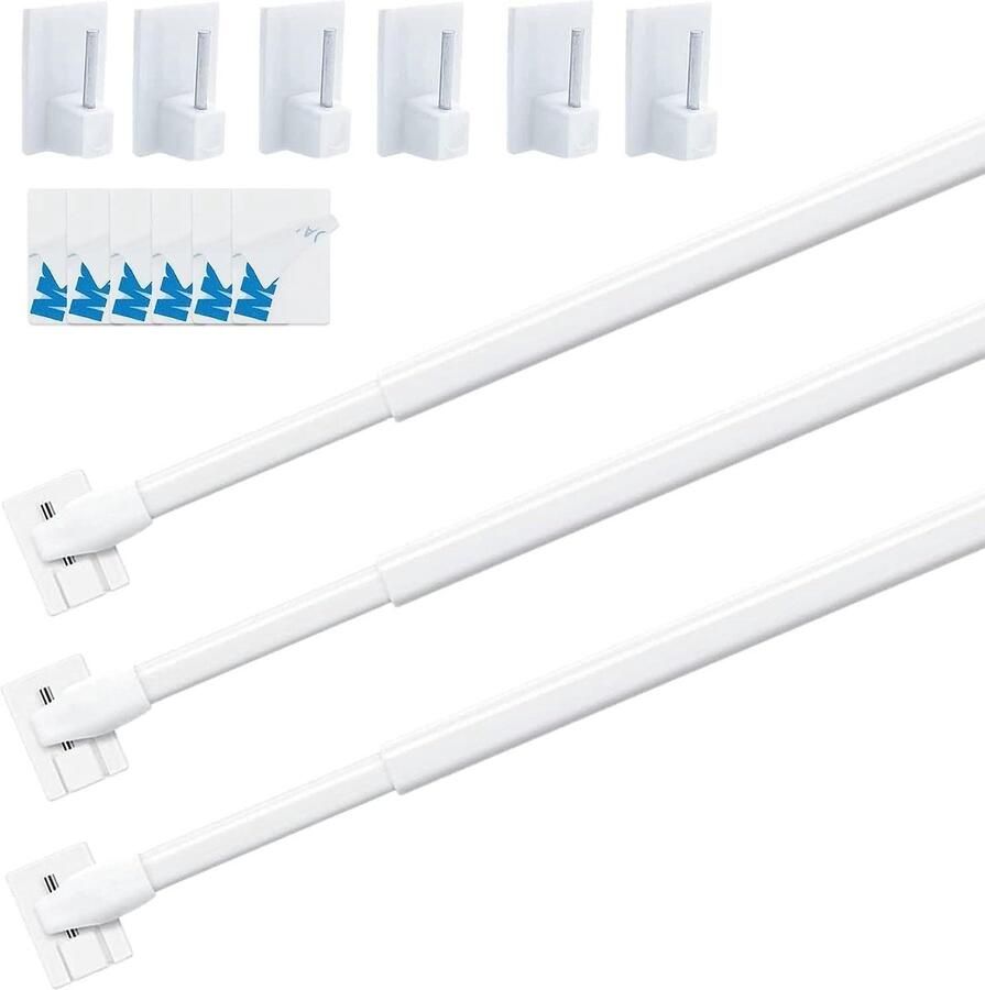 Allecto Plus Uittrekbare Gordijnroede Set van 3 Bistro Gordijnstang voor Raam Keuken en Kast Geen Boren Nodig Wit Voor Doe-het-Zelfprojecten 80-130 cm