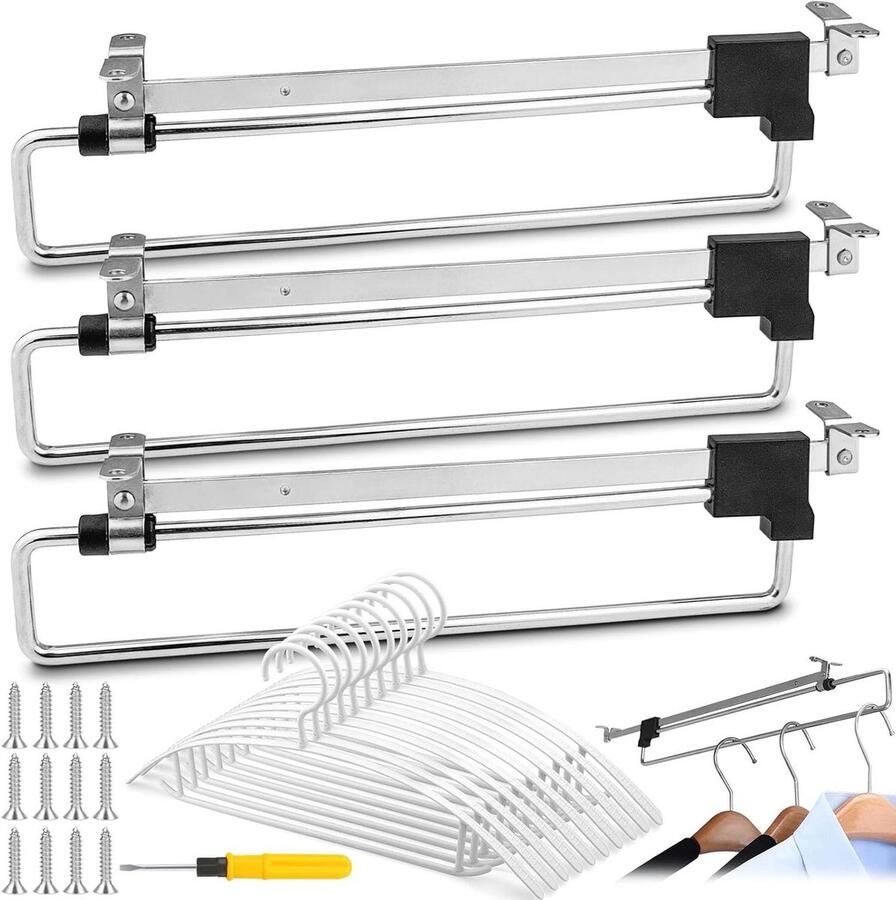 Allecto plus Uittrekbare kledingstang set voor kasten 3 stuks Verstelbaar Inclusief 10 kleerhangers schroeven en schroevendraaier 25 cm Opslagruimte en kledingophanging