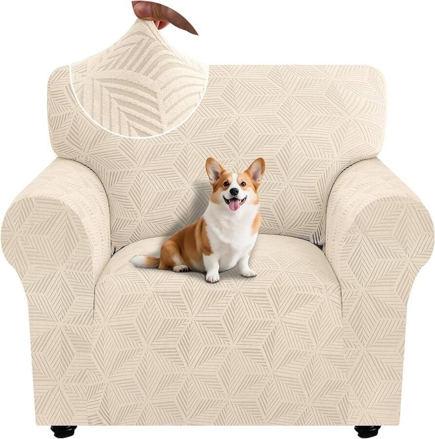 Allecto plus Universele Elastische Bankhoes 1 Zit Sofahoes Krasbestendig voor Woonkamer Antislipschuim Beige Huisdier Vriendelijk