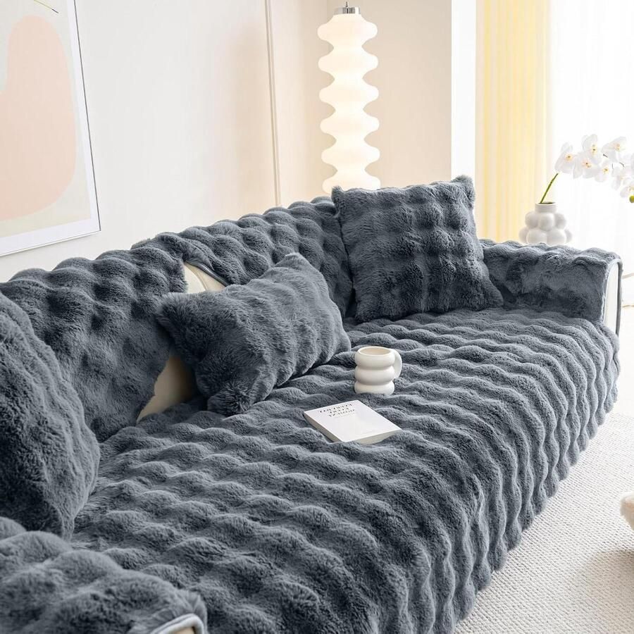 Allecto Plus Universele pluche bankovertrek hoekbank Donkergrijs Wasbaar Antislip Voor woonkamer 1 2 3 4-zits L-vorm 90 x 160 cm