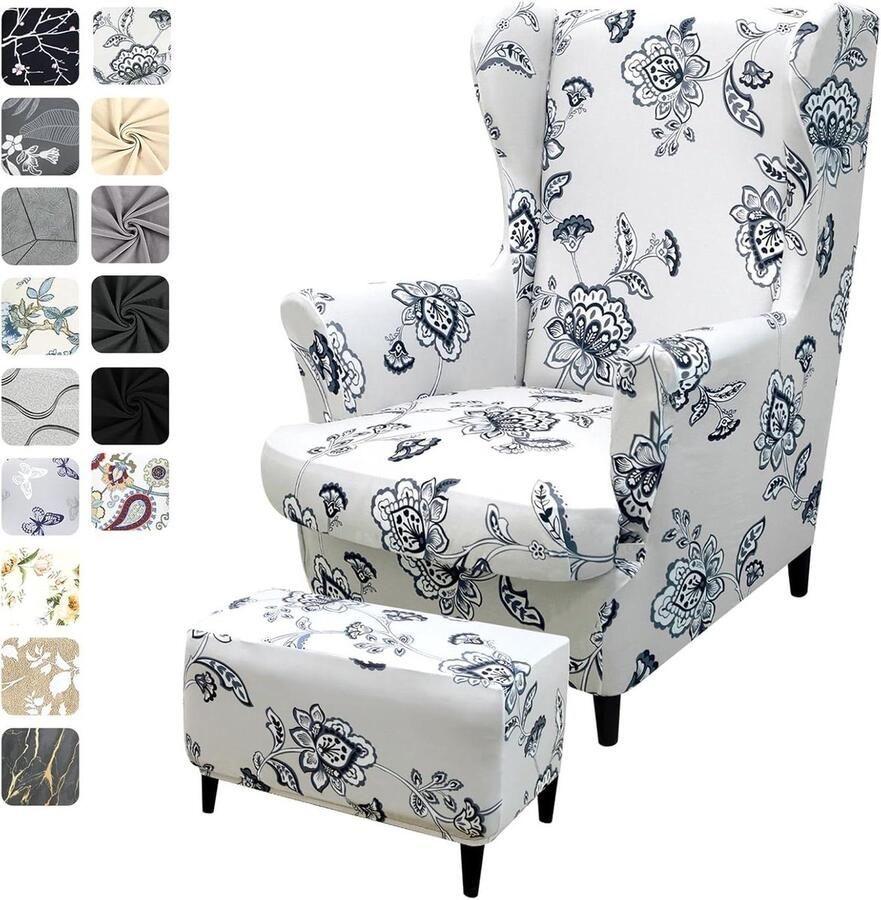 Allecto Plus Universele stoelhoes voor oorfauteuil met voetenbank Elastisch en stretch Grijs met bloemenprint