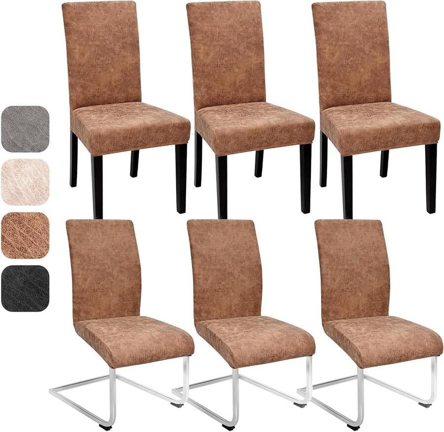 Allecto Plus Universele stoelhoezen set van 6 Vintage PU Elastisch Afneembaar en wasbaar Kaki Eetkamerstoelen Keuken Restaurant Hotel