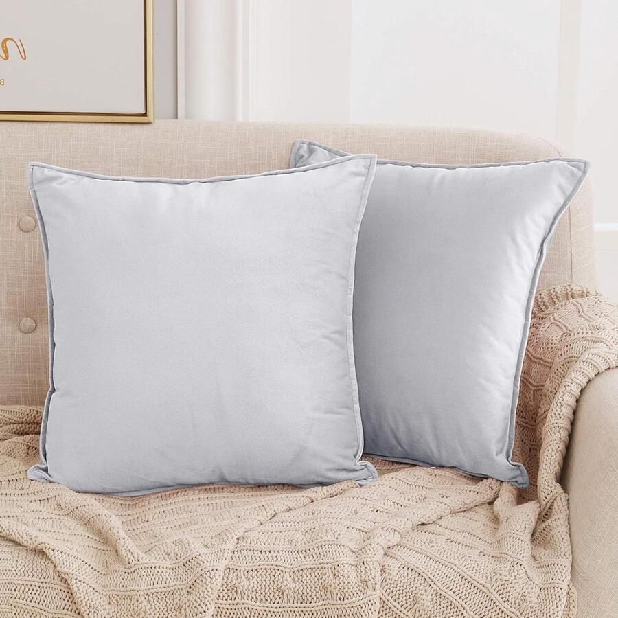 Allecto Plus Velvet Kussenhoes Flens Vierkante Kussenovertrekken Lichtgrijs Set van 2 45x45cm Voor Bank & Woonkamer