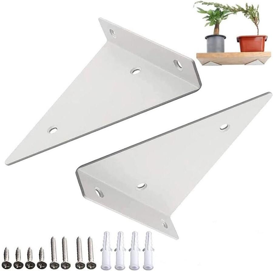 Allecto Plus Verborgen plankhouders in driehoekige vorm (2 stuks) wit inclusief schroeven voor kleerhangers rek boekenrek en keukenwanddecoratie stevige ondersteuning