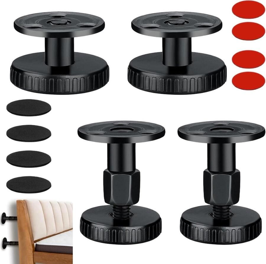 Allecto plus Verdikte Anti-Shake Afstandhouders voor Bedframe Verstelbaar Zwart Queen King Set van 4. Voorkom trillingen met deze handige anti-shake afstandhouders. Verstelbaar voor bedframes en nachtkastjes