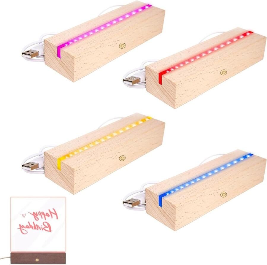 Allecto Plus Verlichte LED Sokkel voor DIY Acrylplaten 7 Kleuren USB Lampen Houten Display Basis Met Schakelaar Set van 4 Rechthoekig Verlichting Basis Houten Sokkel