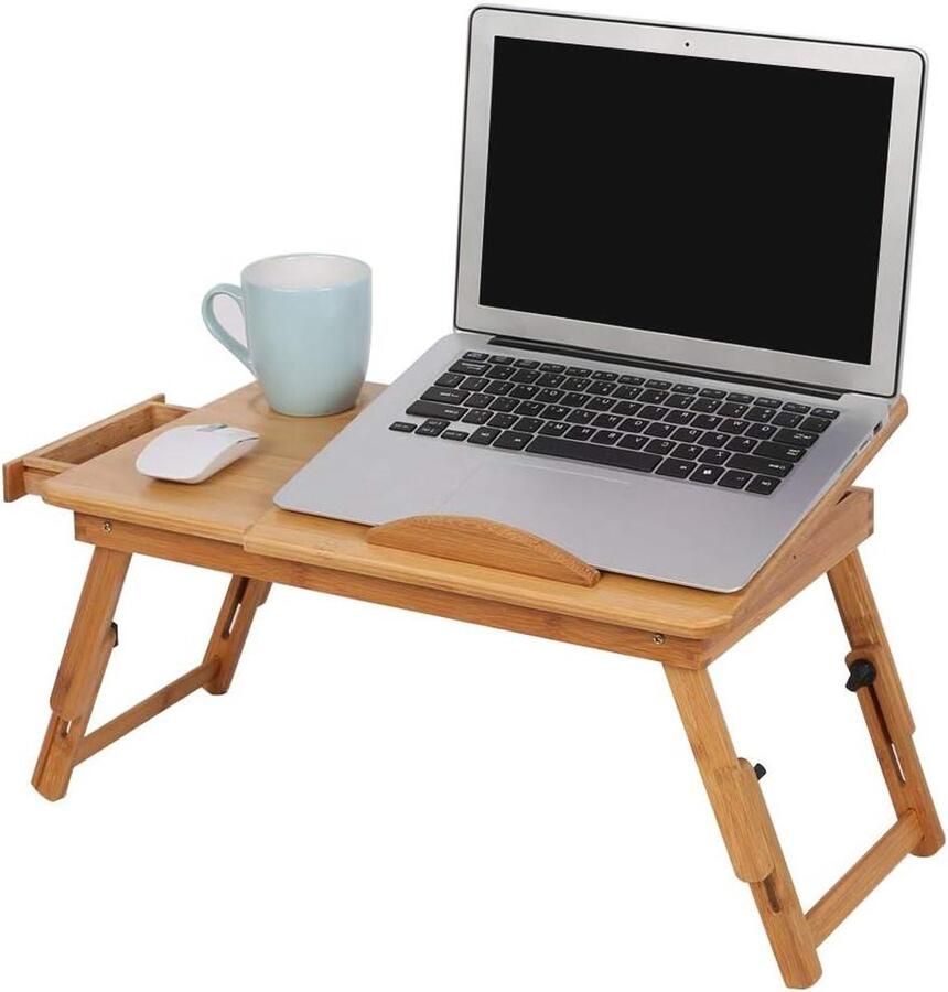 Allecto Plus Verstelbare Bamboe Laptophouder met Lade voor Bed of Bank Draagbare Leesplank met Opbergvak Ideaal voor Ontbijt op Bed Studiebord met Opberglade Comfortabel Werken vanuit Bed of Bank
