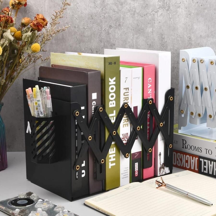 Allecto plus Verstelbare boekensteunen met penhouder en uittrekbare boekenhouder voor bureau en school Wit