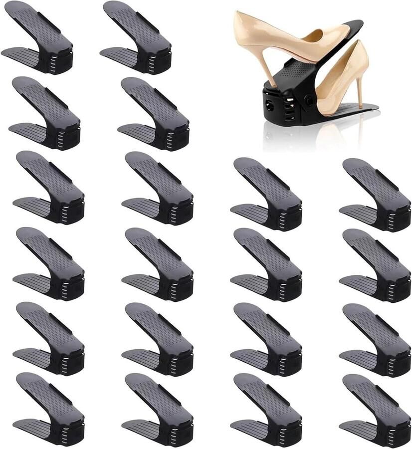 Allecto Plus Verstelbare Dubbele Schoensleuven Organizer 20 stuks Ruimtebesparende Stapelaar Schoenenhouder Kastopbergorganizer Opbergoplossing Schoenenopslag Kledingkast Accessoire