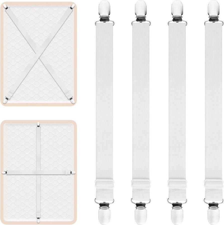Allecto Plus Verstelbare lakenclips voor matras Set van 4 Houd lakens op hun plaats Elastische hoekriemen Wit Geschikt voor beddengoed en bankkussen