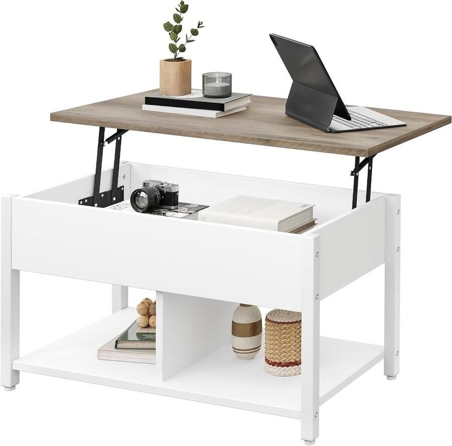 Allecto Plus Verstelbare salontafel met lifttop opbergvak en plank in wit en grijs Voor woonkamer en kantoor