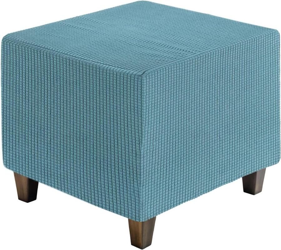 Allecto plus Vierkante Ottomaanse hoes van jacquard stof voor woonkamer meubelbescherming in donkerblauw klein formaat met rekbare onderkant