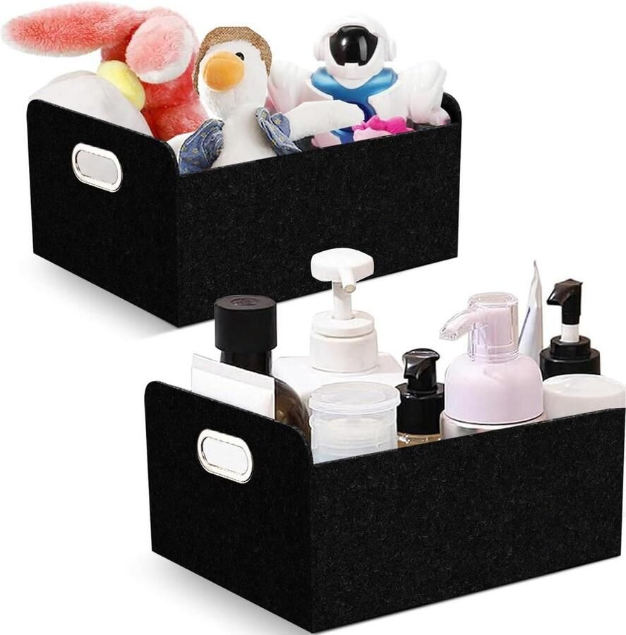 Allecto plus Vilten manden set 2 stuks voor opbergen Rechthoekig design Metalen handgrepen Organizer voor rek en kledingkast Zwart