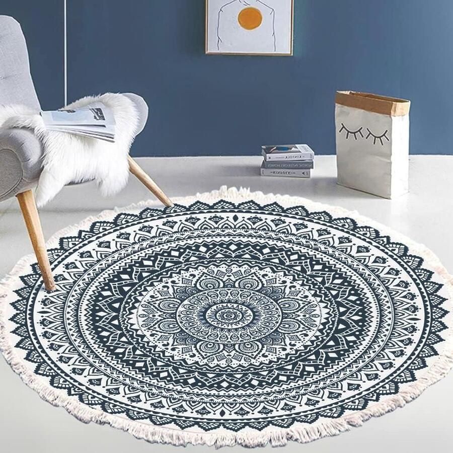 Allecto Plus Vintage Boho Katoenen Vloerkleed Mandala Patroon Met Kwastjes Machine Wasbaar 100cm Bloemen Woonkamer Slaapkamer