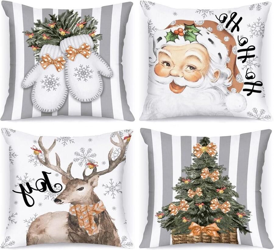 Allecto Plus Vintage Kerst Kussenslopen Set van 4 Wit Grijs 45x45 Decoratieve Kerstman Kussenhoezen voor Thuis en Bank Decoraties