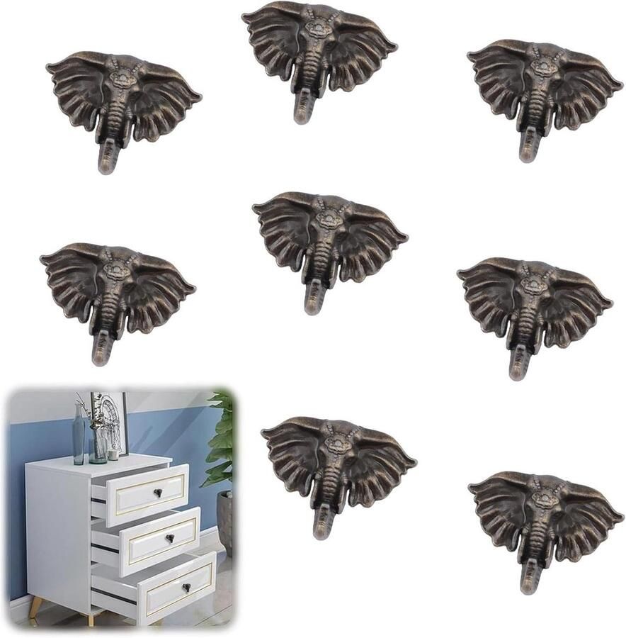 Allecto plus Vintage Olifant Knoppen Set van 8 Stuks Zinklegering Meubelknoppen met Schroeven Kast Garderobe Lade Houten Knoppen