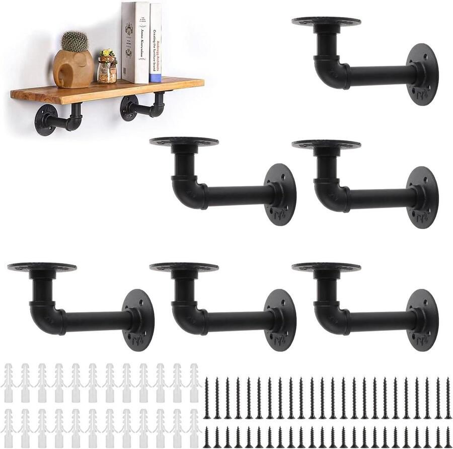 Allecto Plus 6 stuks plankhouders zwart metaal Wandrek 15 x 8 cm Industriële Plankhouder retro vintage stijl Meubels rek buisrek muurbeugel plankhoek Huisdecoratie Industrial Design
