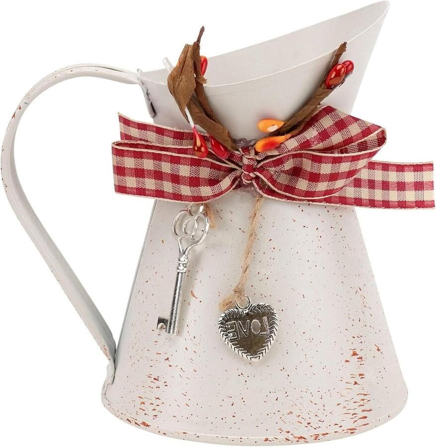 Allecto Plus Vintage rustieke bloemenvaas gieter voor binnen en buiten gebruik metalen kruk plantenbak shabby chic decoratie beige huis en tuin accessoire met boogsleutel