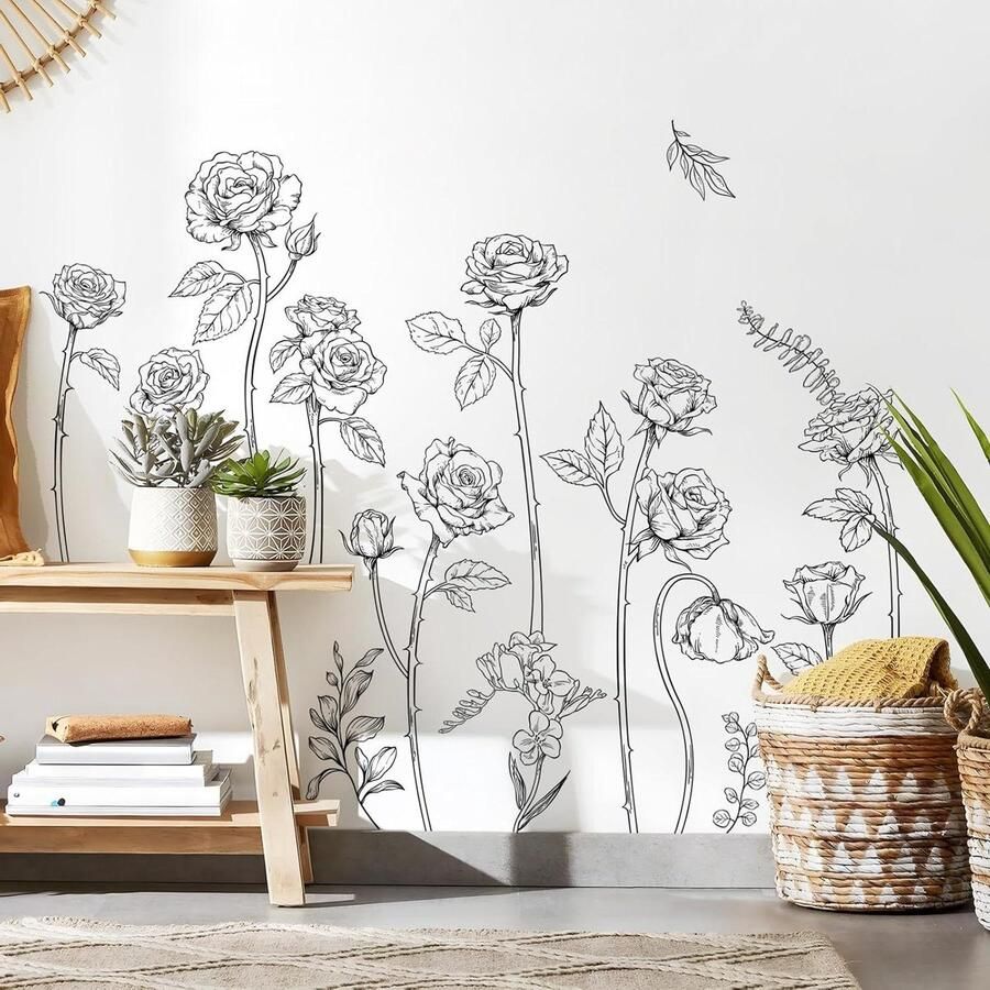 Allecto plus Vintage zwarte bloemen muurstickers Eenvoudig afpelbaar en opplakbaar Waterdicht Muurkunst sticker voor thuis gangpad slaapkamer kantoor bank