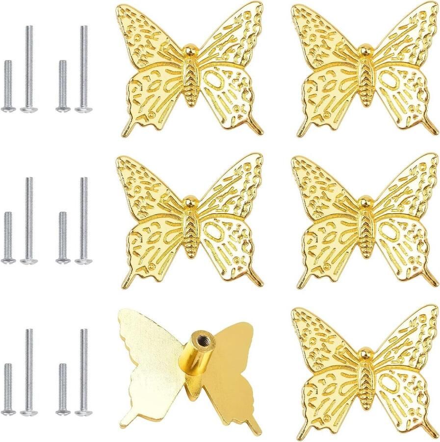 Allecto Premium Set van 6 gouden vlinder ladeknoppen voor kledingkasten Zinklegering handgrepen