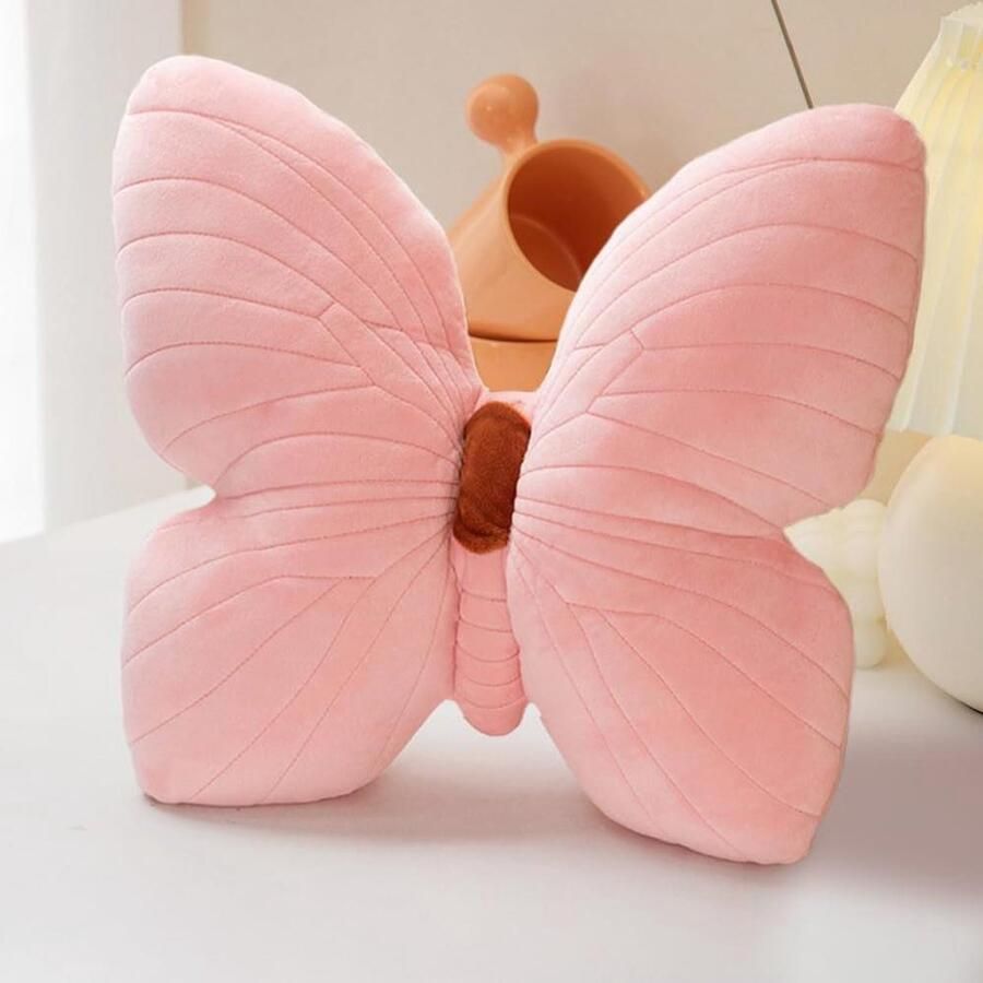 Allecto Plus Vlinderkussen Pluizig sierkussen voor kinderen Roze vlinderkussen decoratie voor bank en woonkamer Zacht knuffelkussen met vlindervormige creatieve touch
