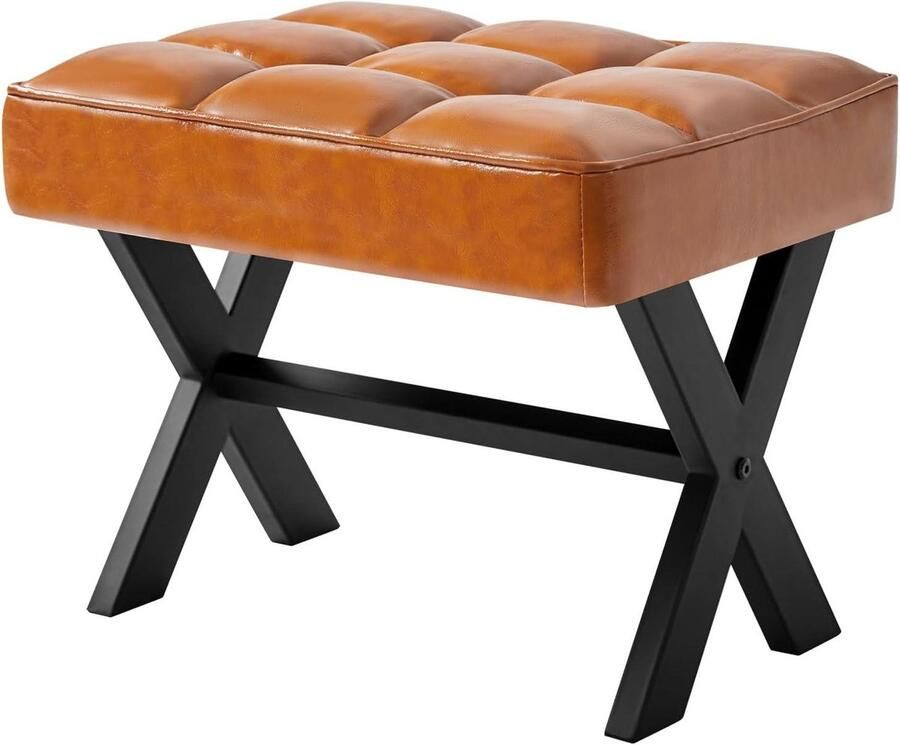 Allecto Plus Voetensteun van 30 5 cm vierkant PU-voetkruk met metalen X-poot Multifunctioneel als bijzettafel Opstapkruk voor woonkamer slaapkamer entree kantoor Lichtbruin